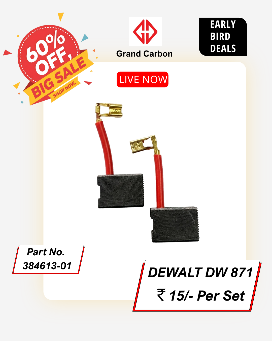 Power Tools carbon brush suitable for Dewalt DW-871, This Carbon Brush is Used For 14"In Pipe Cutter, Size 23x16x6.25mm