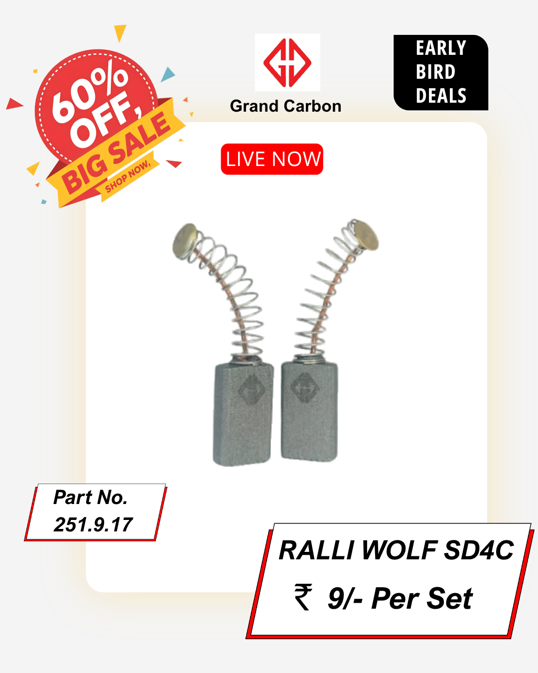 Best Quality Power Tools Carbon Brush suitable for ralli wolf SD4C, size 19x10x5mm, used for drill